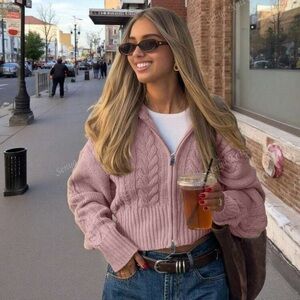 Autumn And Winter New Vintage Big Lapel Double Head Zip Twisted Knit Cardigan